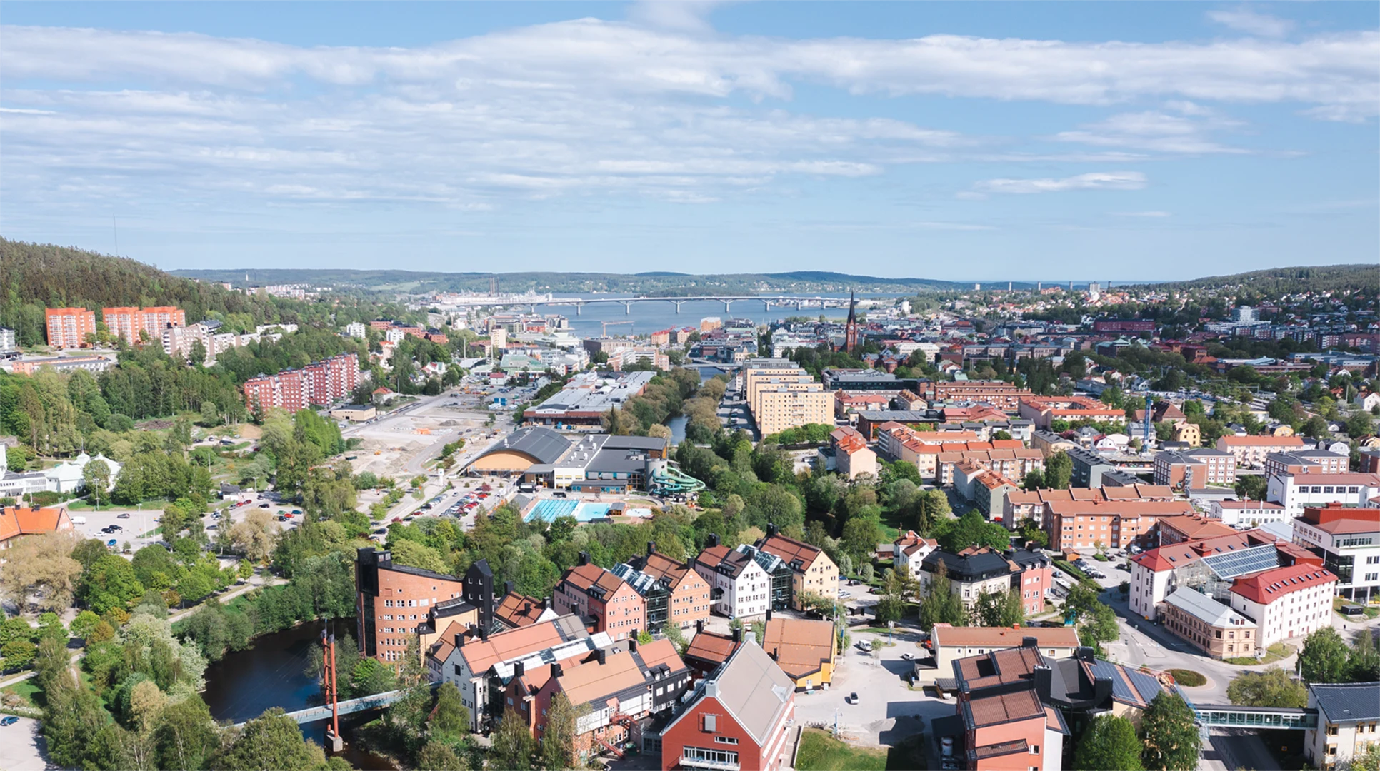 Drone image, Campus in the foreground, Sundsvall city in the background