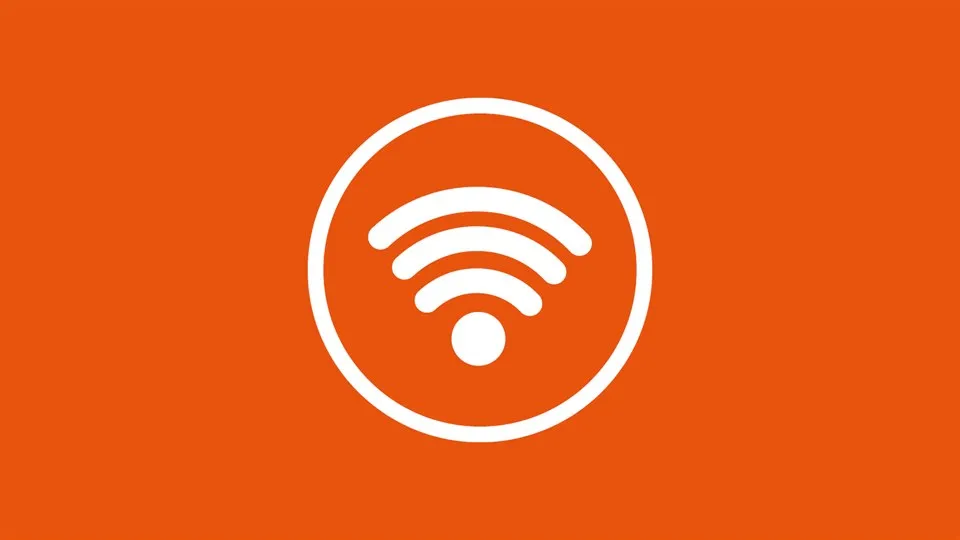 Wifi-symbol, orange bakgrund med vit symbol.