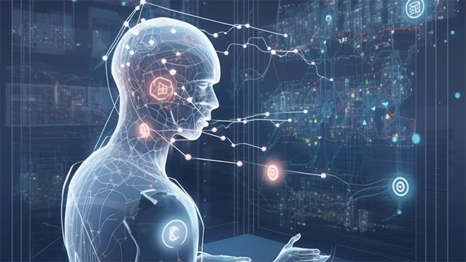 AI generated image showing a holographic figure with lights and  projections