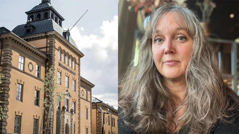 Två bilder i ett kollage. Till vänster klockhuset på Mittuniversitetets campus i Östersund. Till höger en porträttbild av en kvinnlig forskare, Rosemarie Ankre.