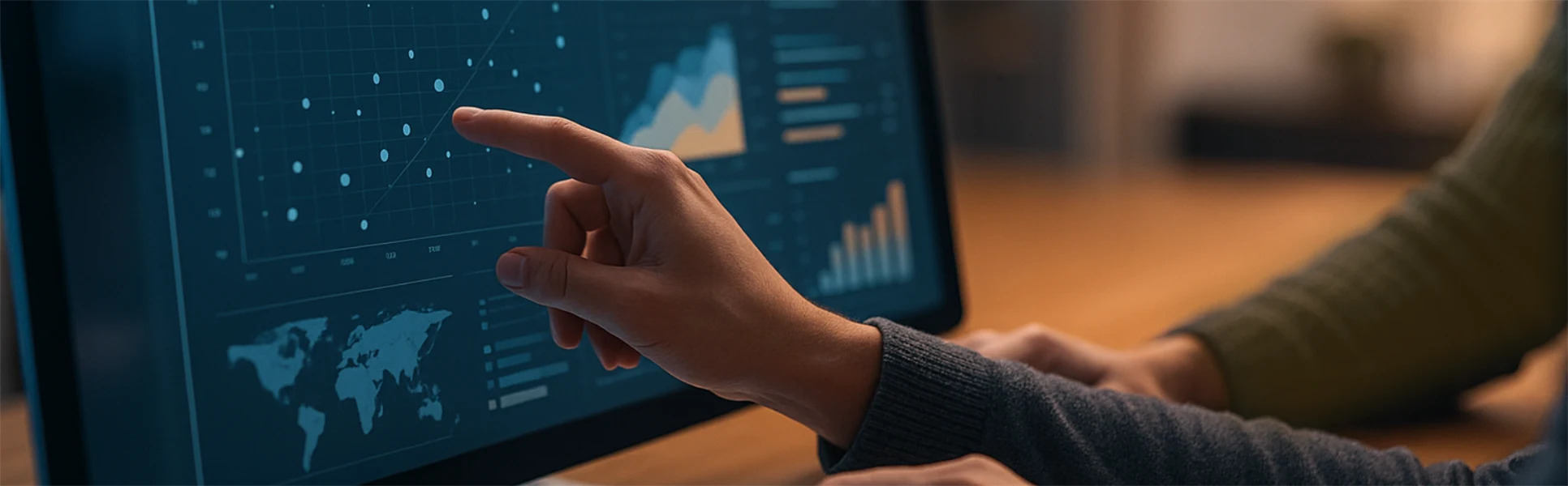 En person pekar på en datorskärm som visar datadiagram, punktdiagram och en världskarta i blå och orange toner, vilket illustrerar datavisualisering och analys.