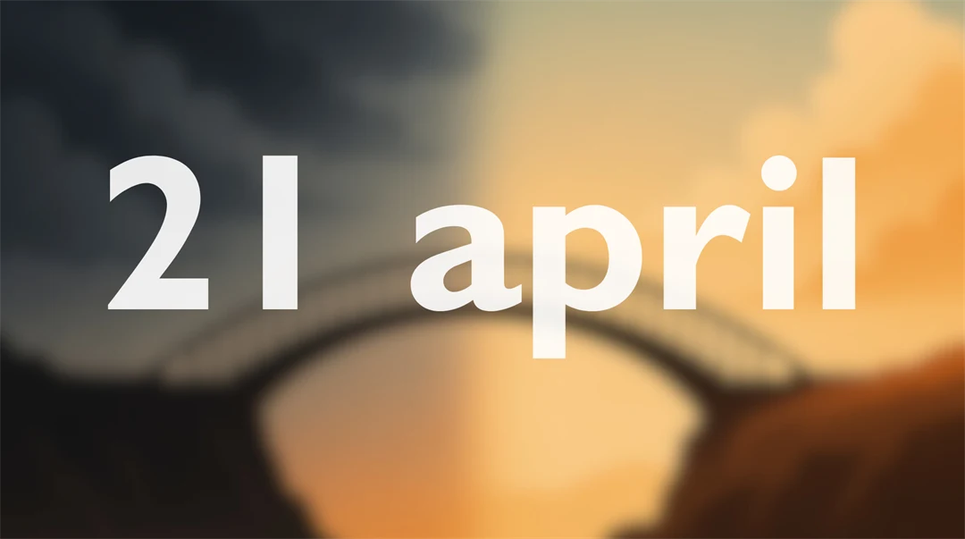 Illustration av en bro mellan två klippor, med en himmel som skiftar från mörkt till ljust. Ovanpå bilden står texten ‘21 april’ i stora vita bokstäver.