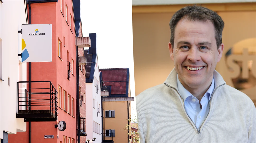 Photo collage with one image of buildings and a facade sign with the text Mittuniversitetet and one portrait of a man smiling.