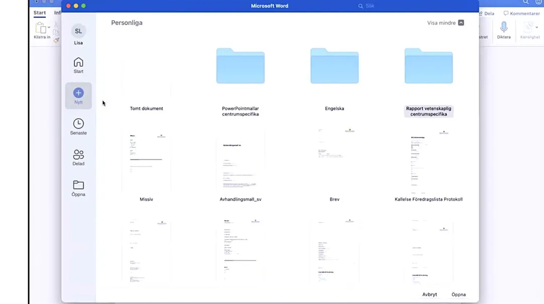 Tillgängliga mallar i Word på Mac.