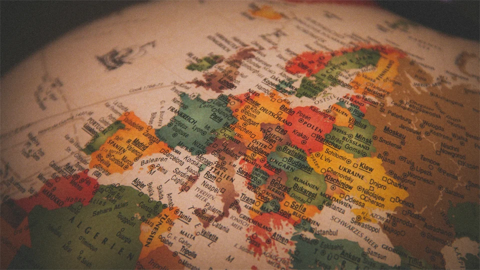 Close-up of a globe with Europe in focus.