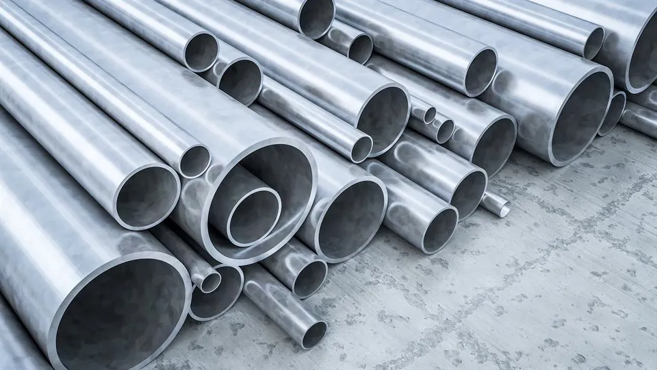 Approximate 25 steel pipes lying on a concrete slab.