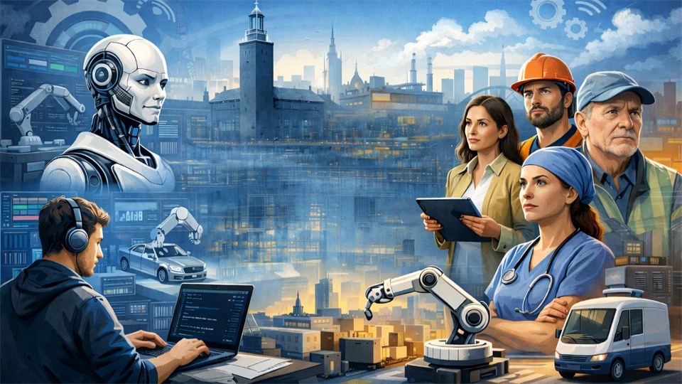 Illustration av olika arbetsgrupper och AI