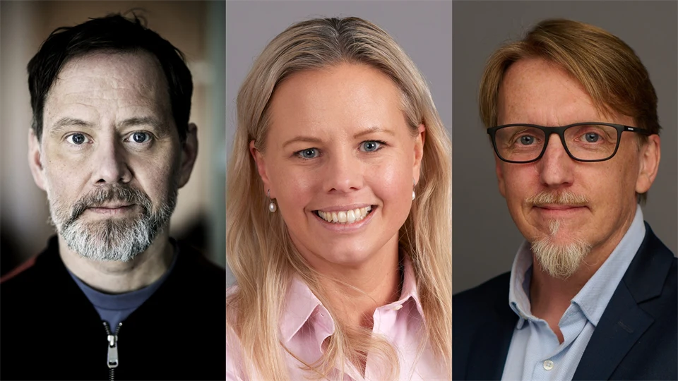 Porträttfoton på två män och en kvinna