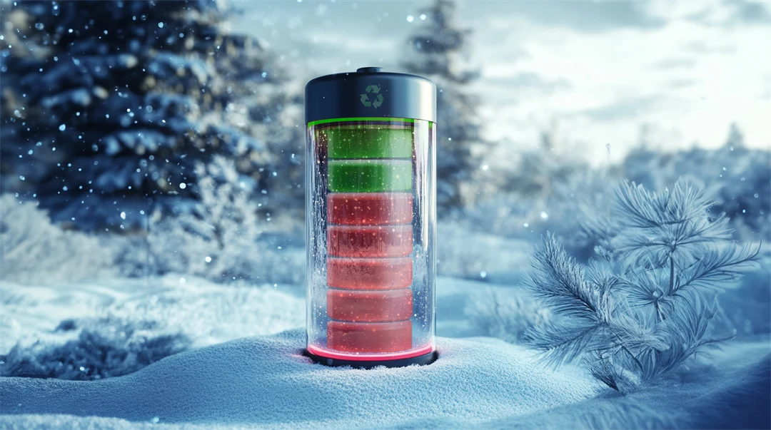  Illustration of a battery standing in the snow.