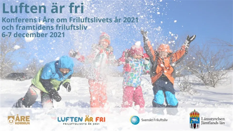 Fyra barn som leker i snön, med information angående en konferens