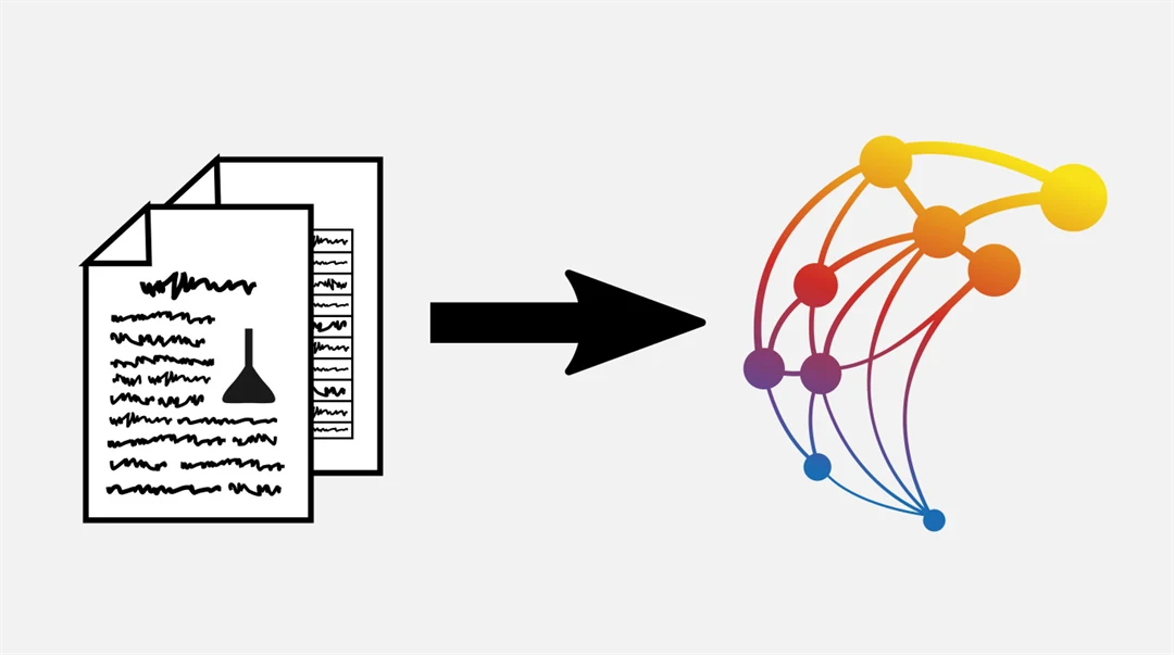A figure showing papers with unintelligible black lines on the left, an arrow pointing towards right in the middle, and a colorful visualization on the right.