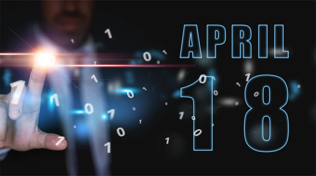 18 april. Dag 18 i månaden, reklam eller högteknologisk kalender, man i kostym trycker på ljusa virtuella knappen vårmånad, årets dag koncept.