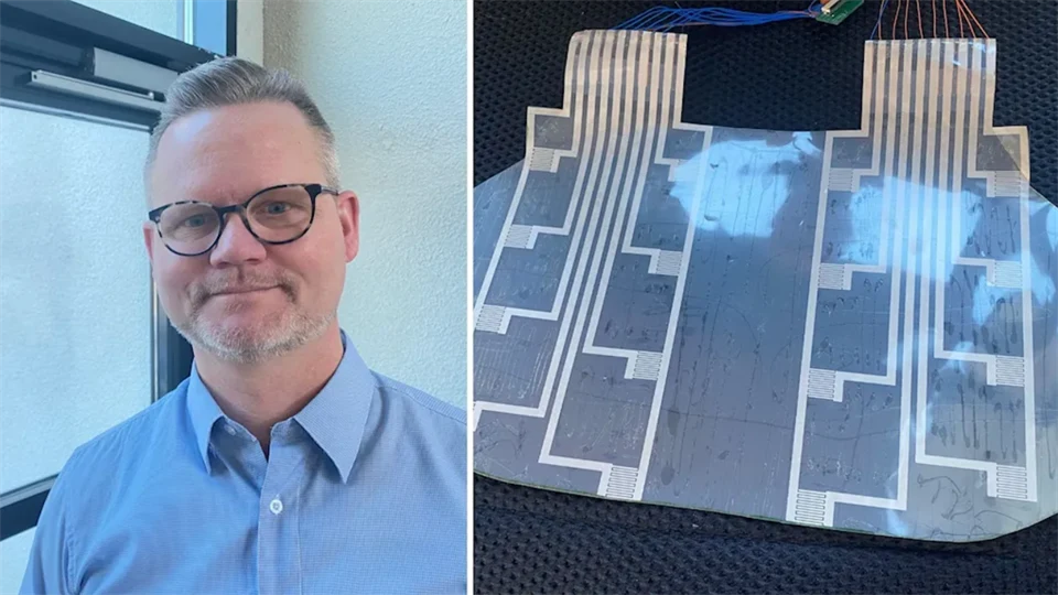 Two Images: A man with glasses and a blue shirt, printed electronics
