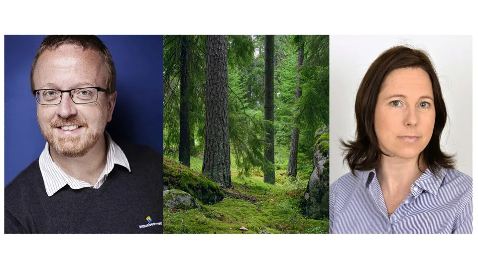 collage med Bengt-Gunnar Jonsson och Jennie Sandström samt bild av skog