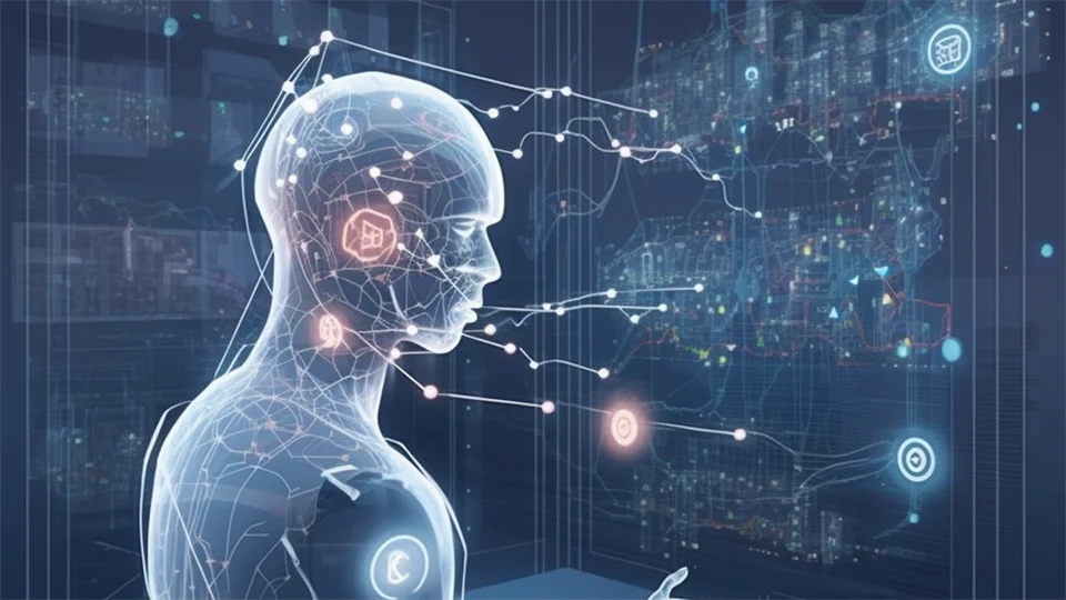 AI generated image showing a holographic figure with lights and  projections