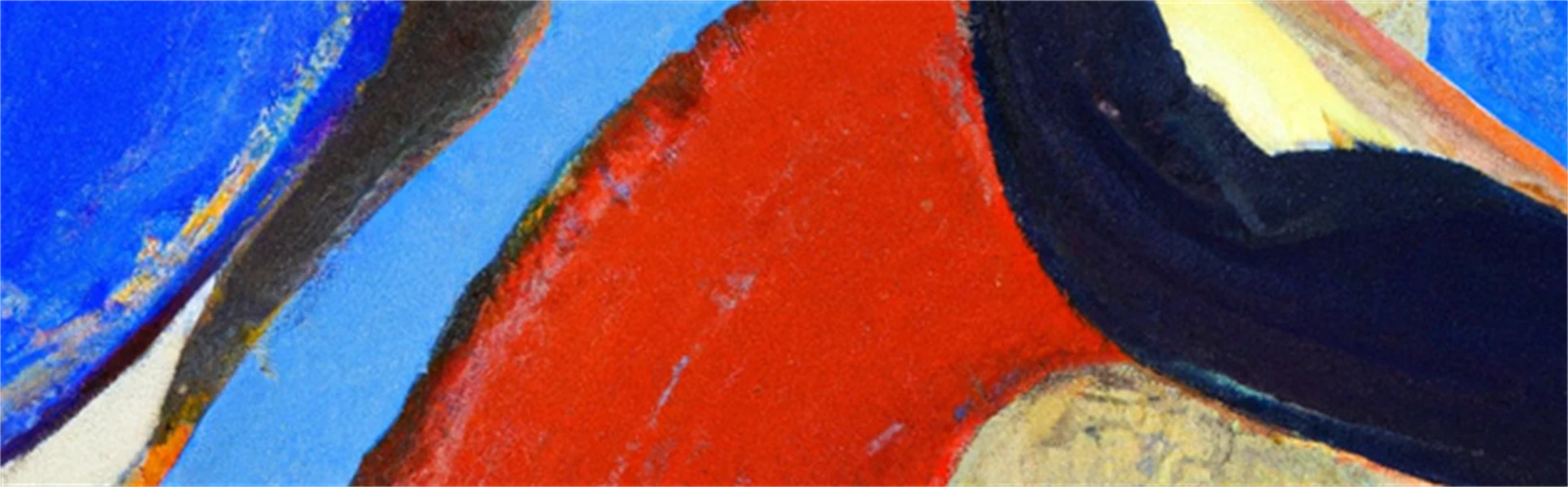 En abstrakt oljemålning i svart, blått och rött