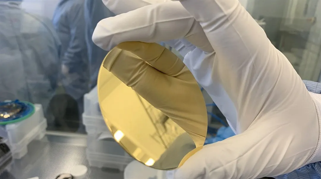 Glove wearing hand holds a reflective disc in a lab.