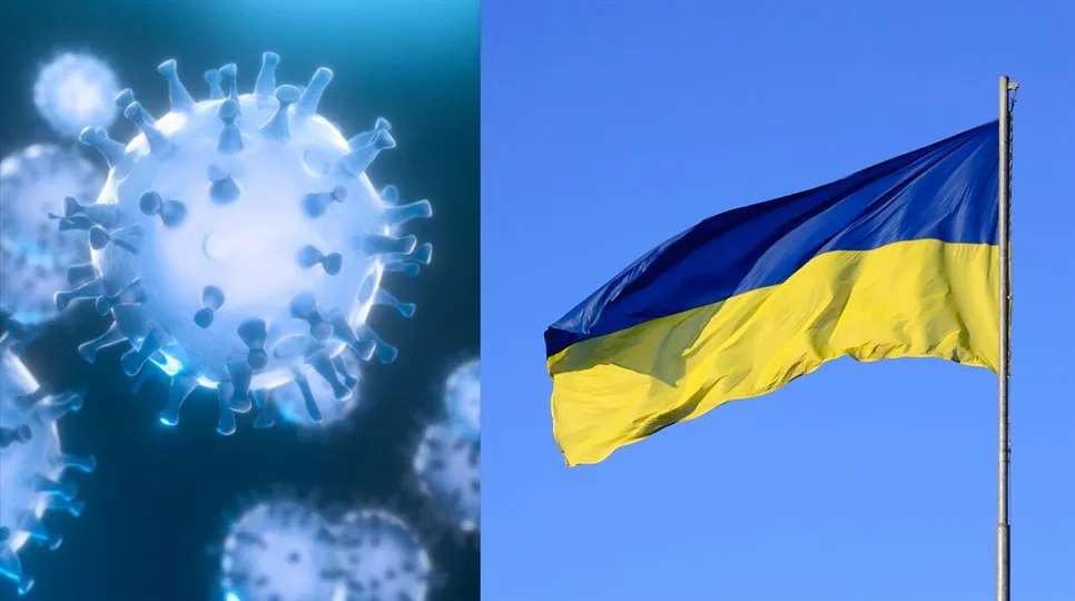 Två bilder bredvid varandra. Den vänstra bilden föreställer ett coronavirus i närbild. Bilden går i blå toner. Den högra bilden föreställer den översta delen av en flaggstång med Ukrainas flagga som vajar i vinden. I bakgrunden klarblå himmel.  
