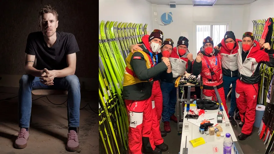 Photo collage: a seated man on the left, on the right six people in a shed, cheering with skis along the walls.