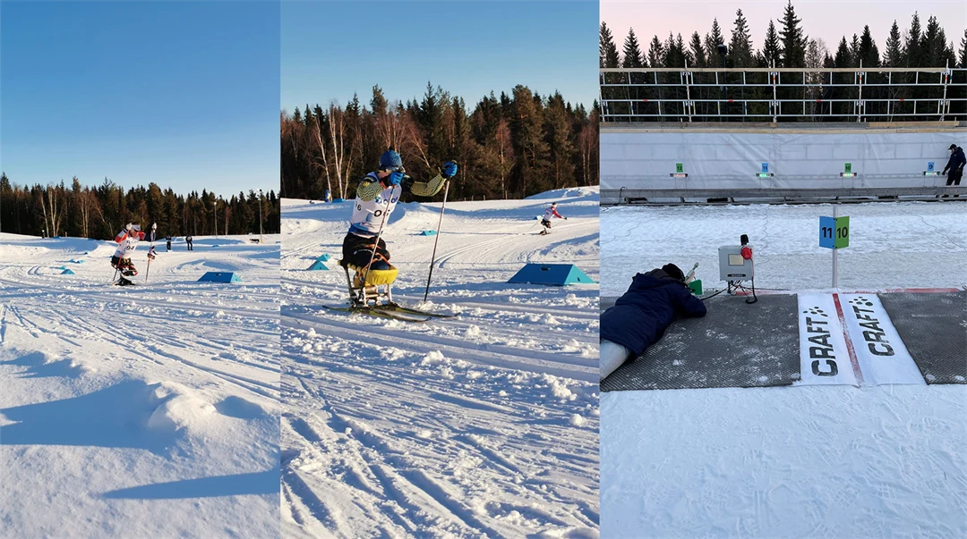 Bildkollage: två sitskilängdåkare i spåret följt av en paraskidskytt som ligger och skjuter mot måltavlor.