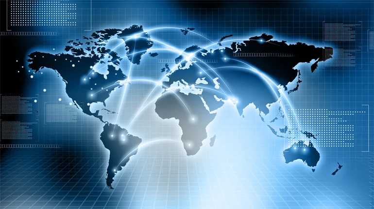 Digital world map with lines between different cities in different continents.