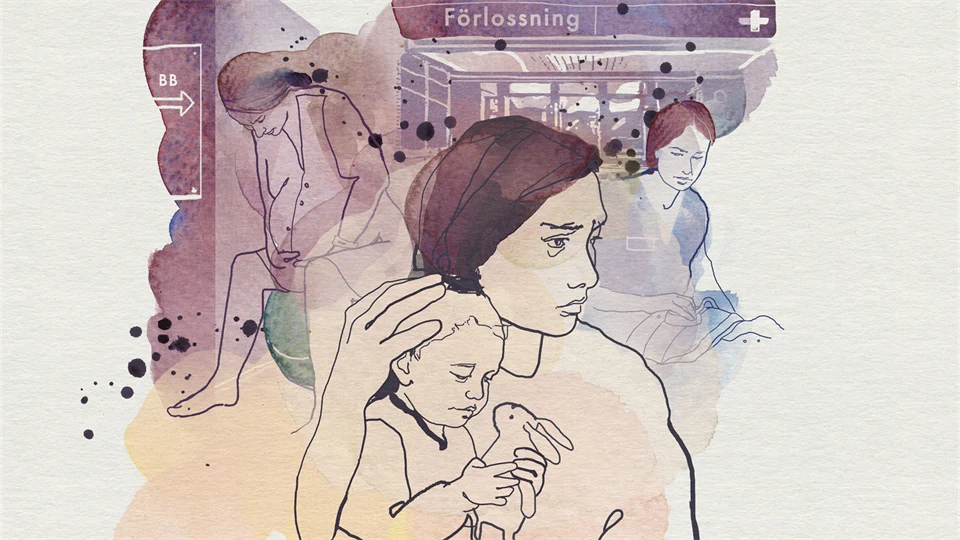 Illustration of a woman with a child in her arms, in the background scenes from childbirth and at the back the entrance to a maternity ward.