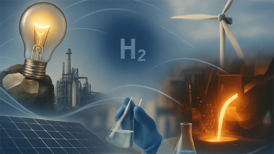An illustration showing a light bulb, a hand holding a glass container, a wind turbine, a solar panel, molten metal and the chemical symbol for hydrogen.