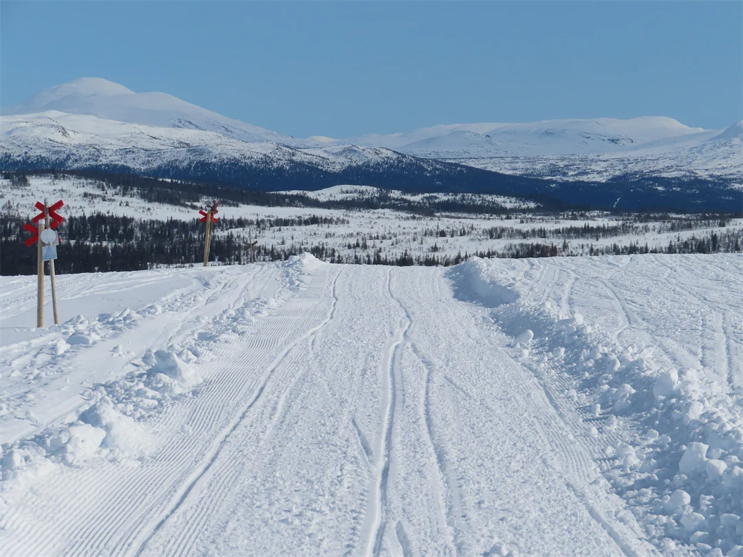 Snötäckta fjäll med skoterleder och ledkryss
