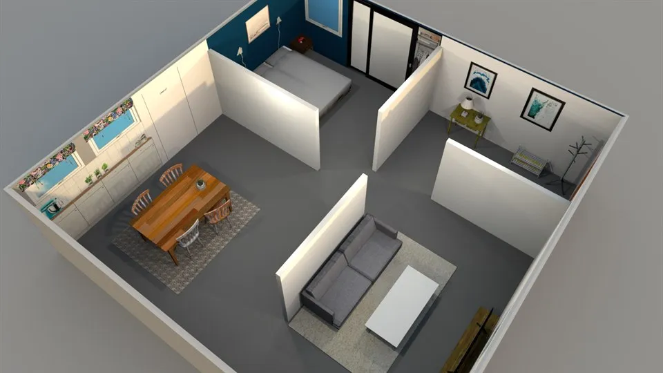 Illustration över hur den simulerade miljön lägenhet ser ut snett uppifrån