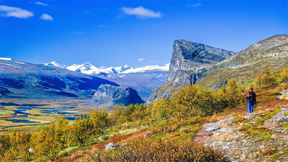Fjällandskap med vegetation och person med ryggsäck