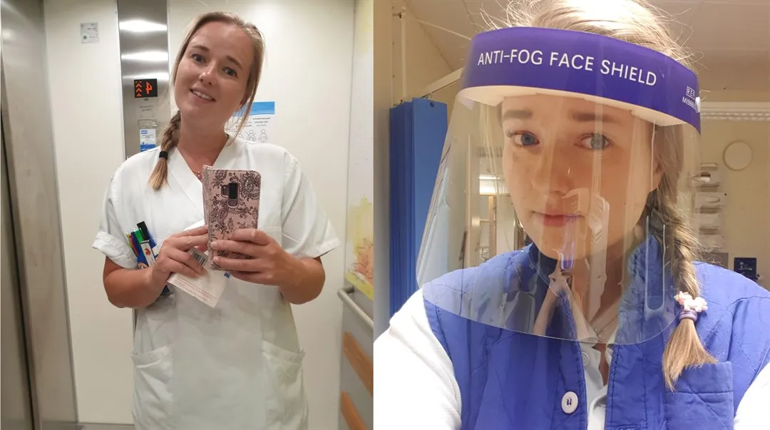 Två bilder av Lisabet Lindbäck som hon tagit sjäv med mobiltelefon. Till vänster en bild från en hiss där hon står i sjuksköterskekläder. På bilden till höger bär hon en skyddsskärm för ansiktet.