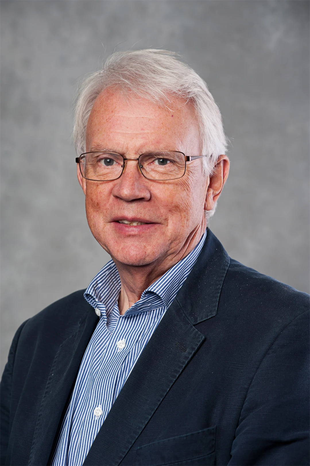 En gråhårig man i kostym och blårutig skjorta.