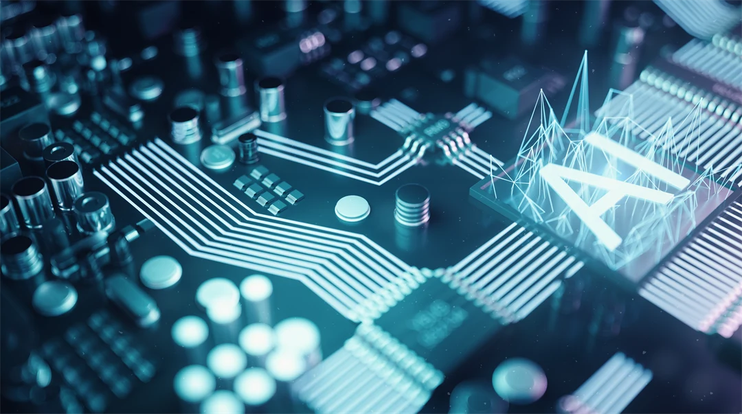 3D illustration abstract artificial intelligence on a printed circuit board. Technology and engineering concept. Neurons of artificial intelligence. Electronic chip, head processor