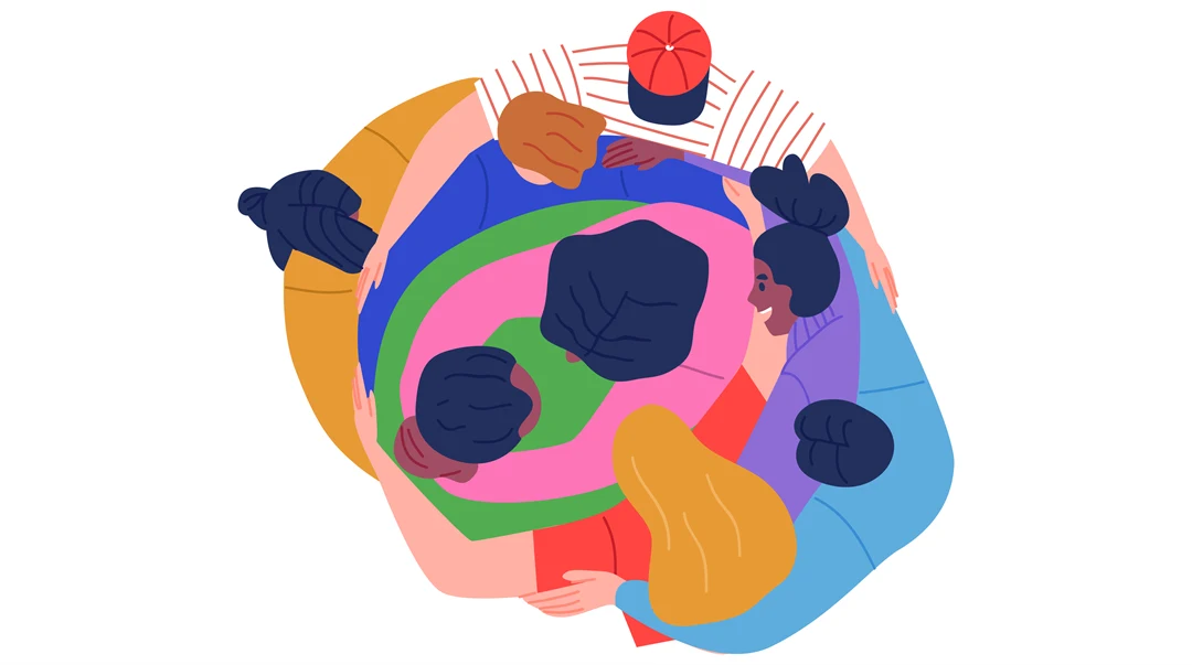 Illustration av åtta människor i en gruppkram, sedda uppifrån.