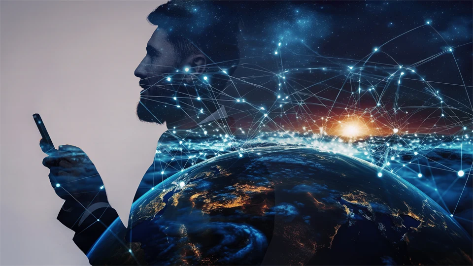 Affärsman som står mot en stor digital medieskärm, cybervärldskoncept för framtida koncept