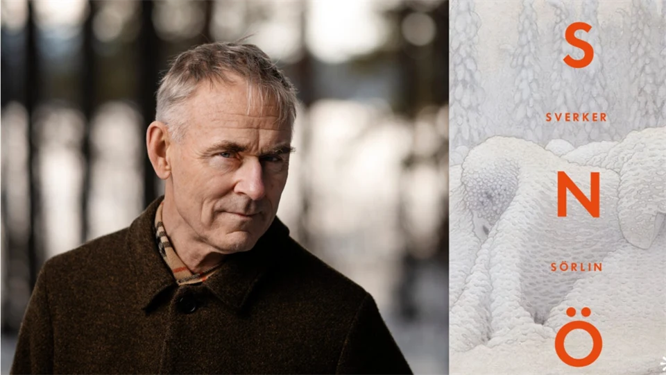 Bildcollage: Man i rock blickar mot kameran samt bokomslag med titeln Snö