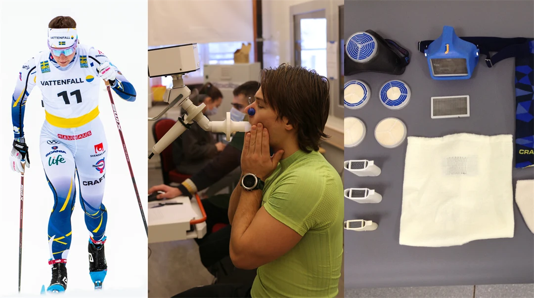 Photo collage with skiers, lung test in lab and heat exchanger masks.