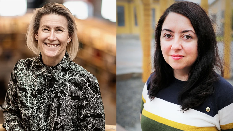 Ett bildkollage föreställande två kvinnor. Den ena kvinnan är blond med kort, axellångt hår och mönstrad svart-vit blus. Den andra kvinnan har svart hår och en tröja som är randig i blått, vitt, gult och grönt. 