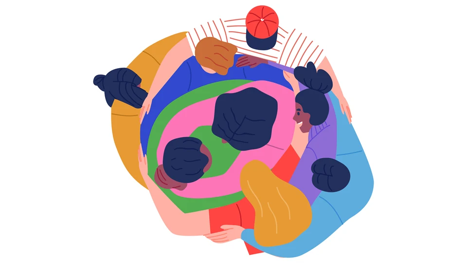 Illustration av åtta människor i en gruppkram, sedda uppifrån.