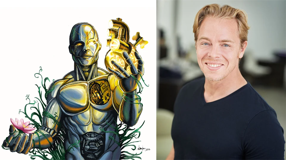 illustration av en robot samt ett porträtt på en man