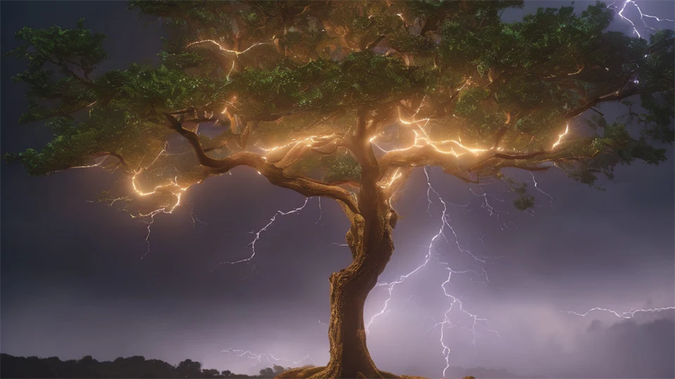 AI-generated image depicting a tree with lightning striking through the canopy.