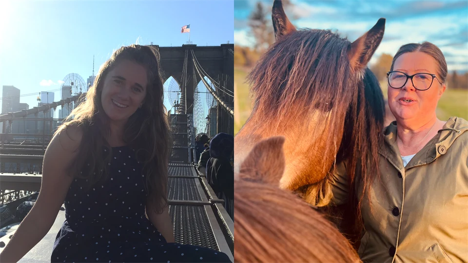 Kollage med två kvinnor. Den ena sitter på en bro med en stadssiluett och amerikanska flaggan i bakgrunden. Den andra står utomhus med två hästar. 