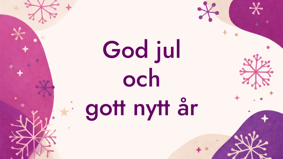 Julhälsning med snöflingor i rosa och lila.