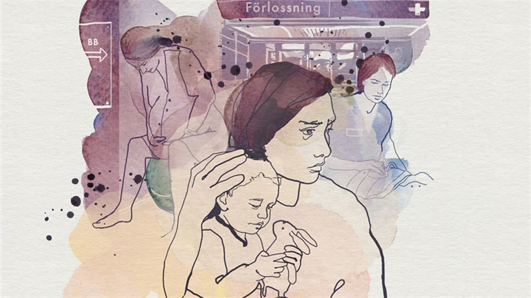 Illustration av kvinna med barn i famnen, i bakgrunden scener från förlossning och längst bak ingången till en förlossningsavdelning.
