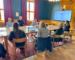 Sju personer sitter runt vid ett bord i en lokal med gröna väggar, röda gardiner och trädetaljer på väggar och runt fönster. Längst till höger i bild står en stor skärm med en presentation på.