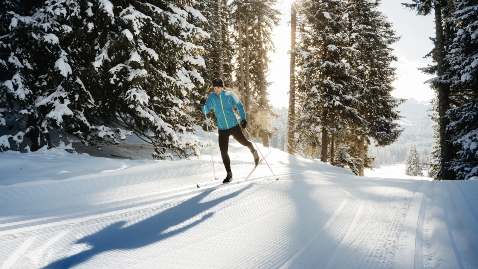 Längdskidåkare åker skidor i spår i skog