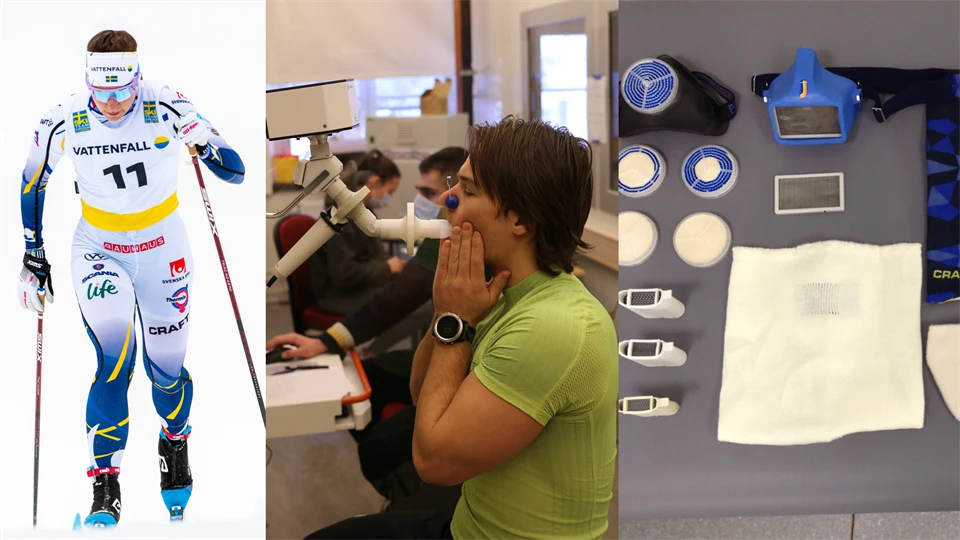 Photo collage with skiers, lung test in lab and heat exchanger masks.