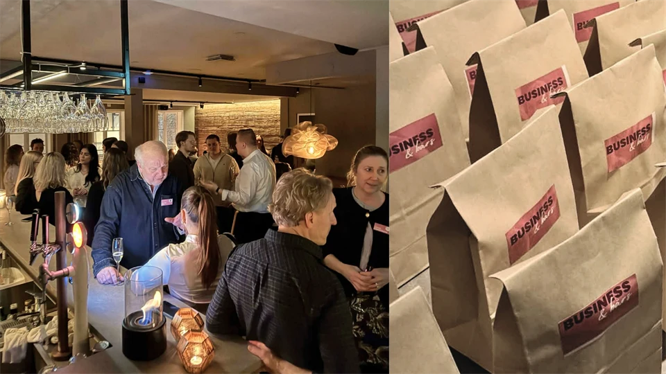 Ett kollage av två bilder. Till vänster människor som minglar och pratar vid en bar. Till höger, presentpåsar märkta "Business & Bärs". 