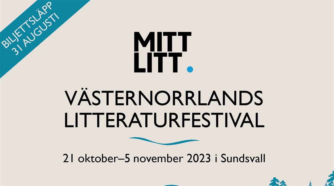 grafisk bild i blått av berg och skog, svarta bokstäver på vit botten