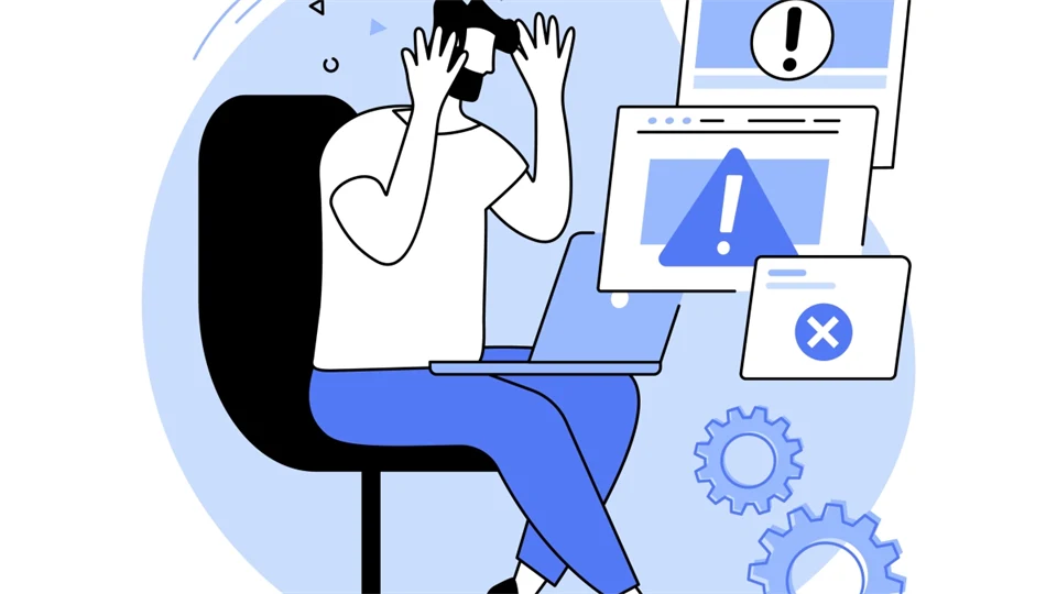 Illustration of man with laptop illustrating software problems.